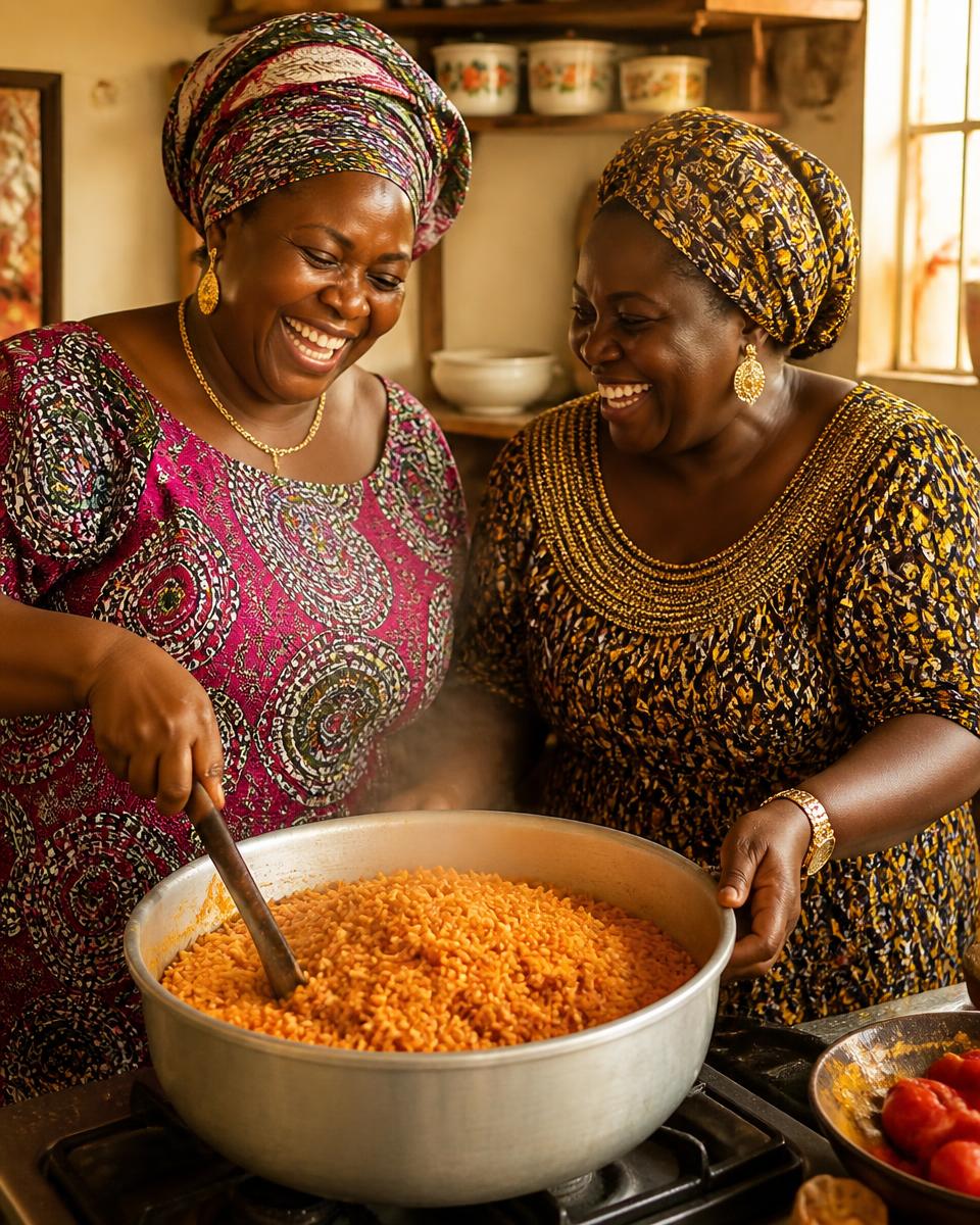 Marieme and Gogo laughing together while stirring a pot of jollof rice in a sunlit kitchen