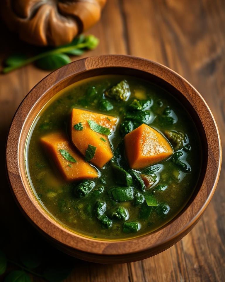 Egusi soup with leafy greens and yam in a wooden bowl