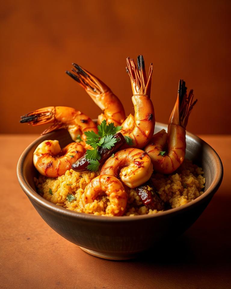 Smoky party jollof rice topped with grilled tiger prawns
