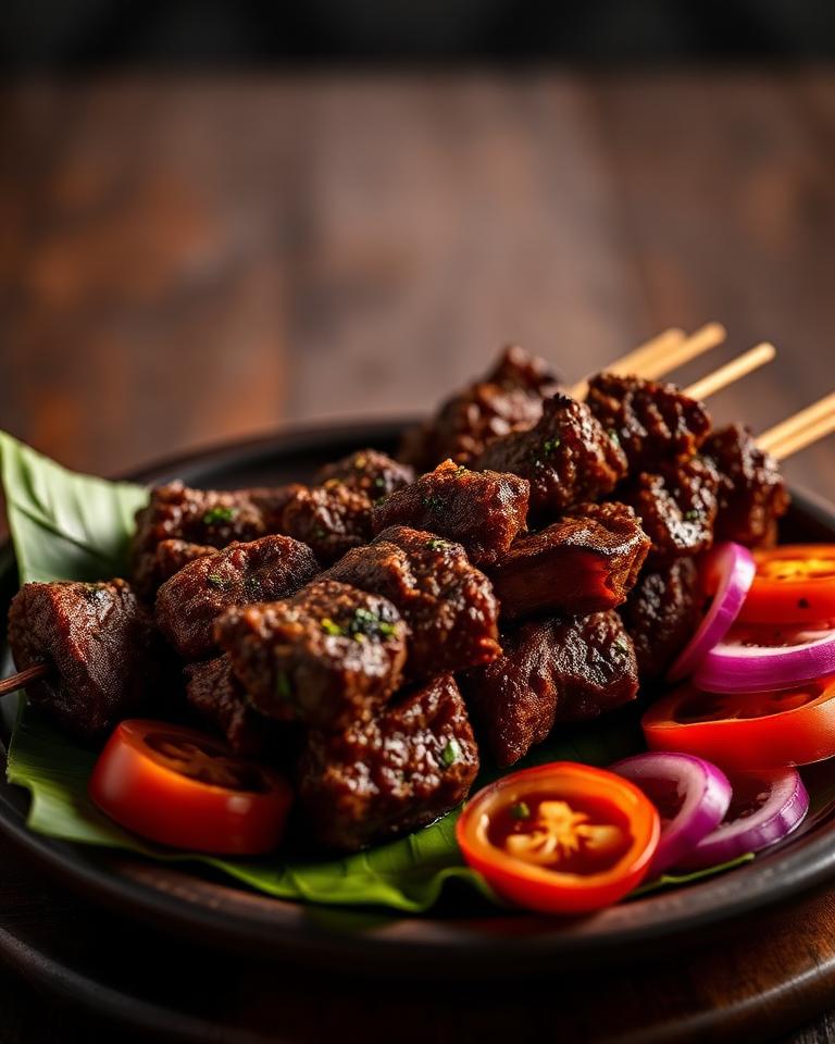 Beef suya skewers with yaji spice, onions and tomato