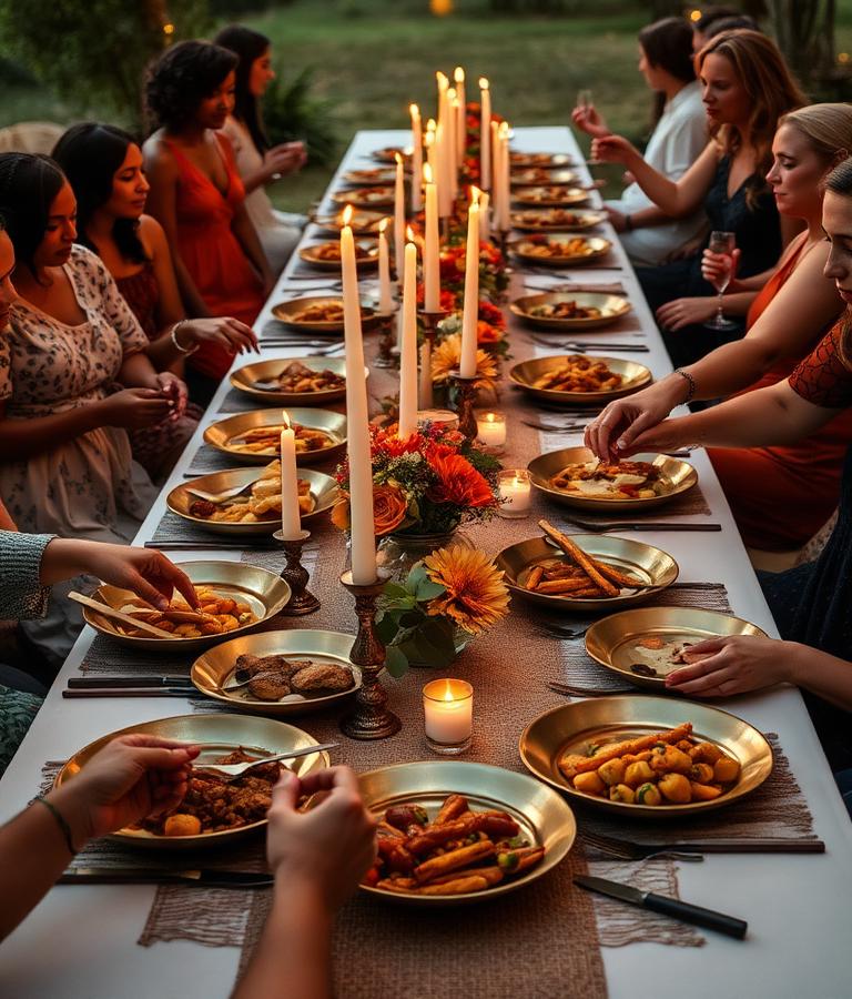 Long candlelit celebration table with shared dishes