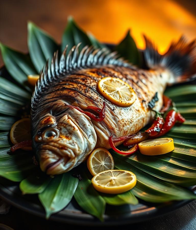 Whole grilled tilapia with lemon on banana leaf
