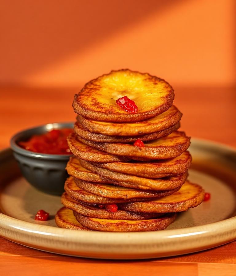 Golden fried plantain stack with pepper dip