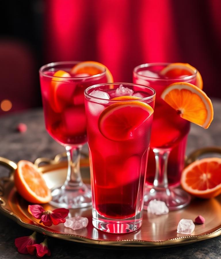 Crimson hibiscus zobo drinks on a brass tray